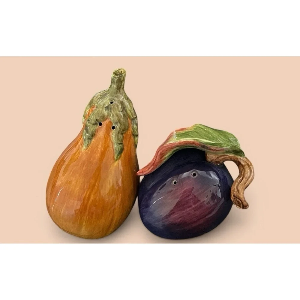 Fitz & Floyd Eggplant And Squash Salt Pepper Shaker Set Multicolor Vintage Leaf